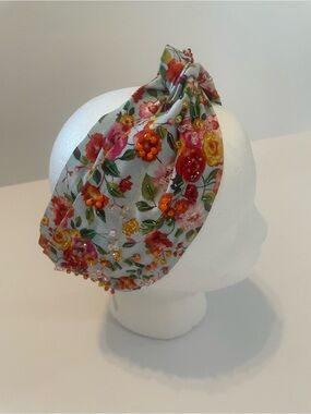 Josefina by Vero Solis Floral Beaded Knotted Headband Turban Blue